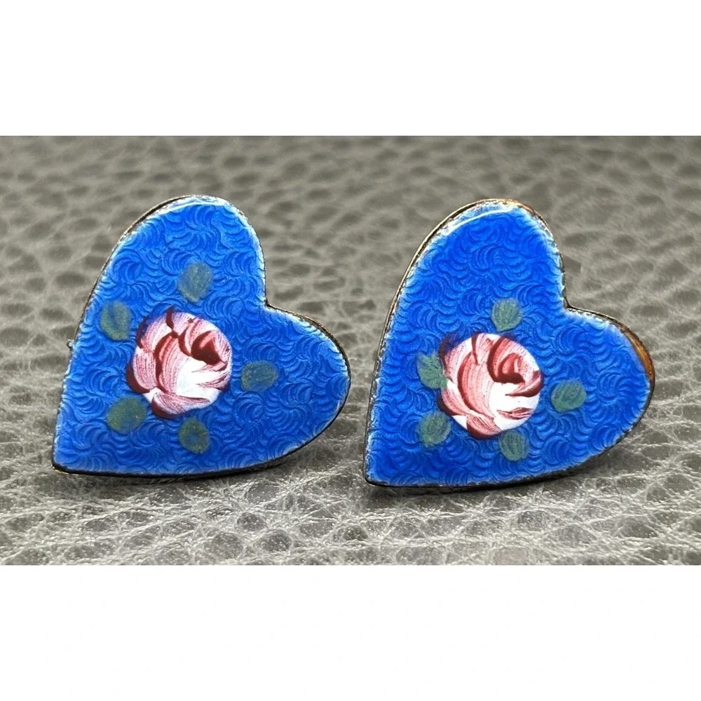 Vintage Guilloche Enamel Heart Blue Pink Rose Screw Back Earrings Silver Tone